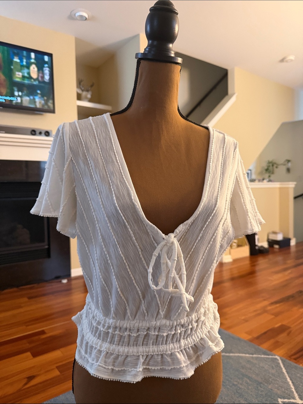 Anthropologie White Textured Tie-Front Flutter Sleeve Top